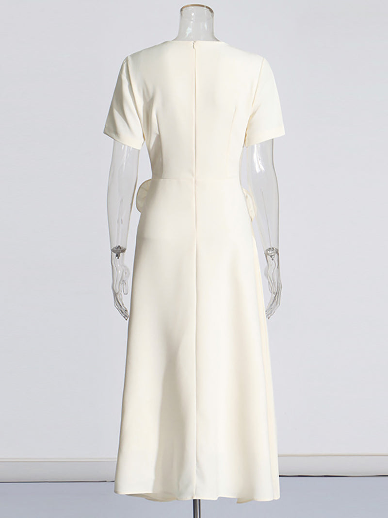 Elegant Floral Applique Short Sleeves Midi Dress
