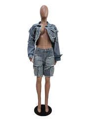 Casual Denim Cropped Jacket and Shorts Set