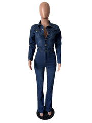 Turndown Collar Slim Denim Jumpsuit