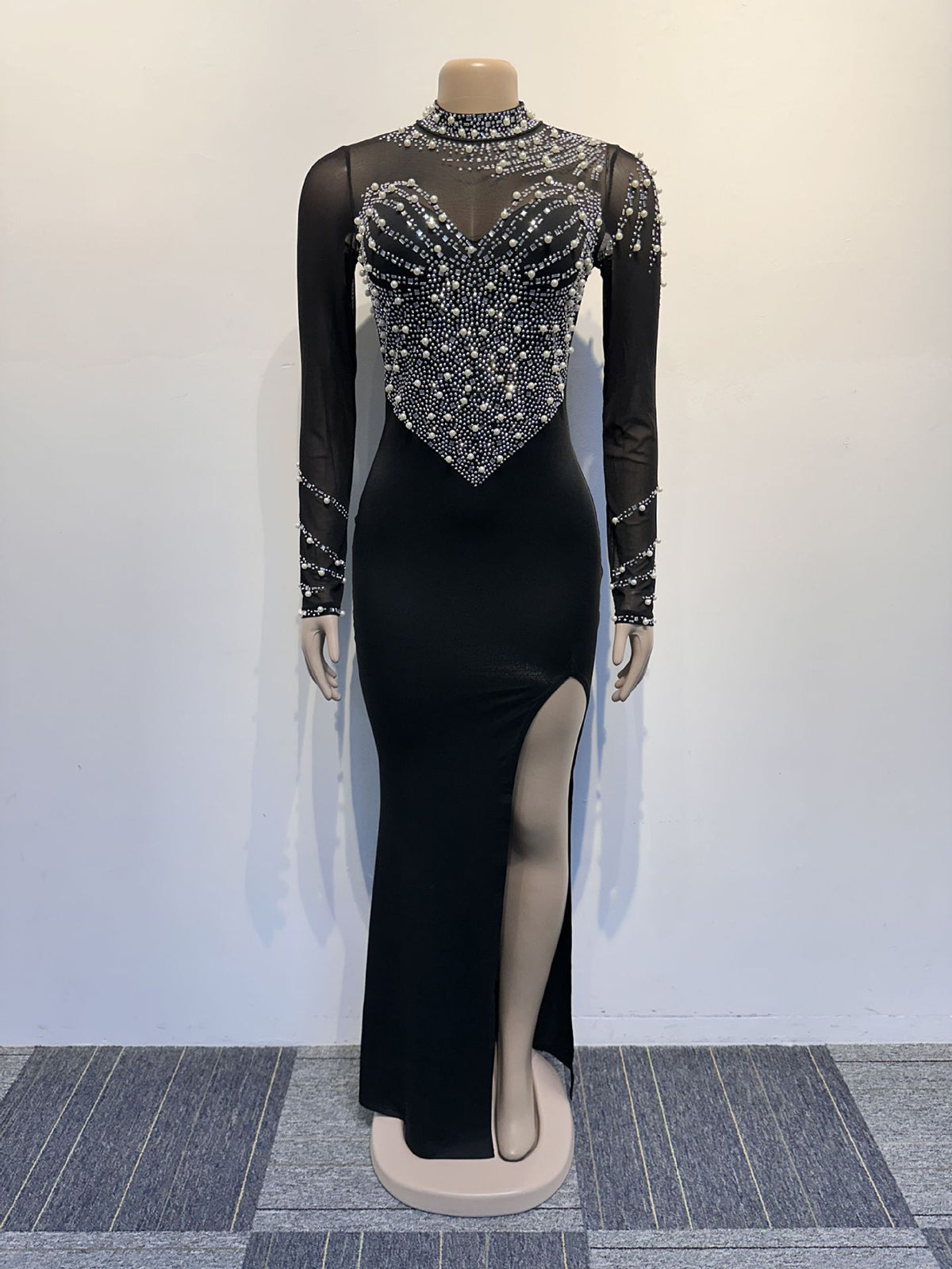Sexy See through Rhinestone Slim High Slit Dress