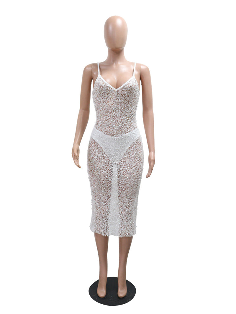 Sexy Sequin See Through Night Club Midi Dress