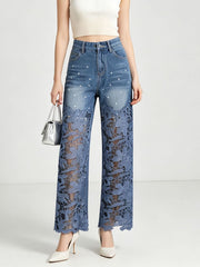Polka Dot Lace Hem Wide Leg Jeans