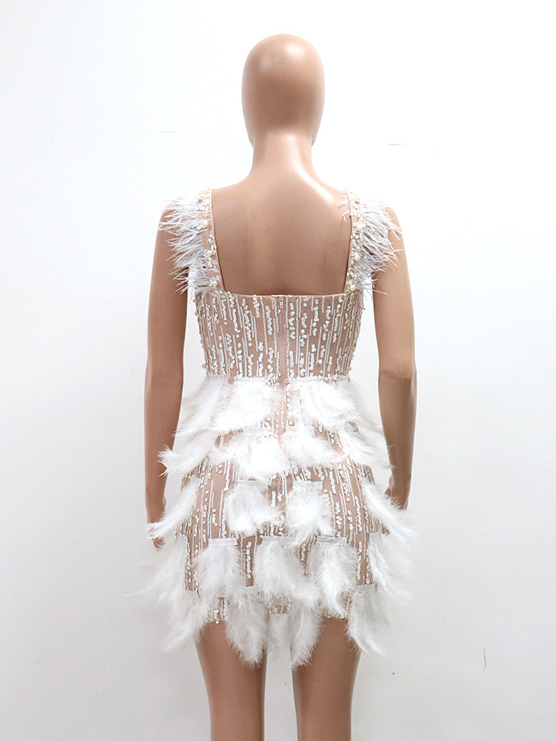 Sexy V Neck Pearl Beading Feather Club Mini Dress