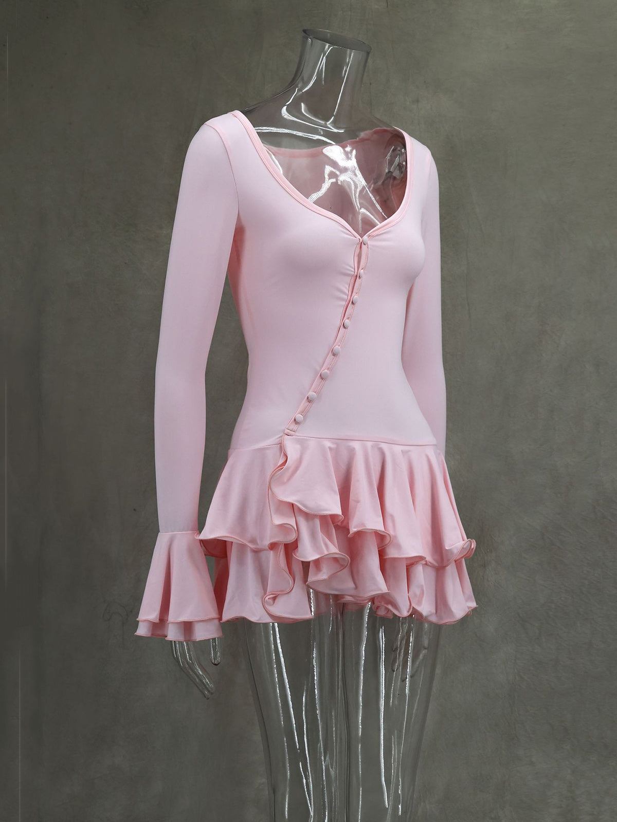 Fashion Button Up Ruffle Hem Slim Mini Dress