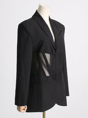 Solid Spliced Sheer Mesh Tunic Blazer