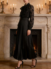 Fashion Hollow Embroidery Bow Lace-up Ruched Maxi Dress