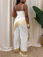 Fashion Fringe Camisole Top And Wide Leg Pant Sets