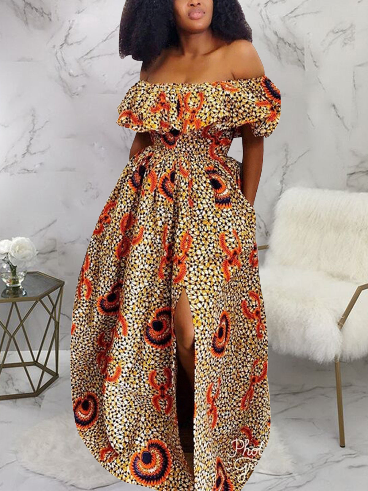 Print Off Shoulder Slim Waist Slit Maxi Dress