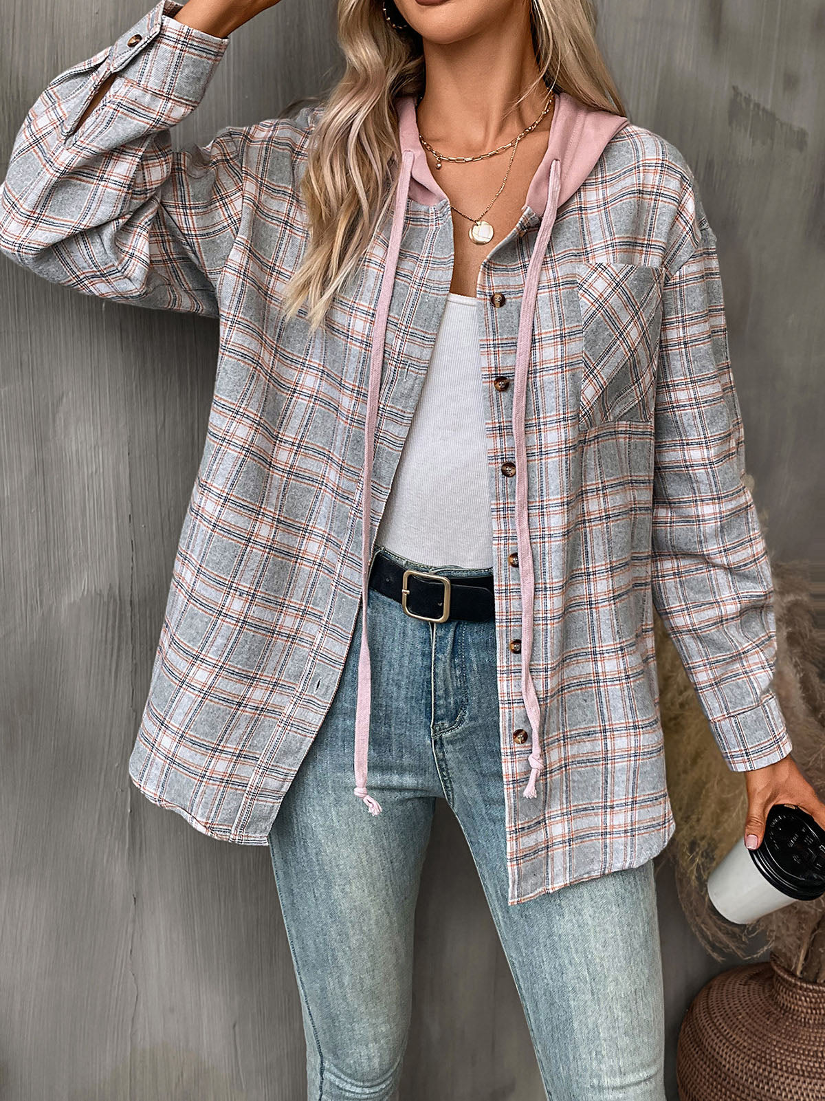 Casual Hooded Button Down Plaid Shirt