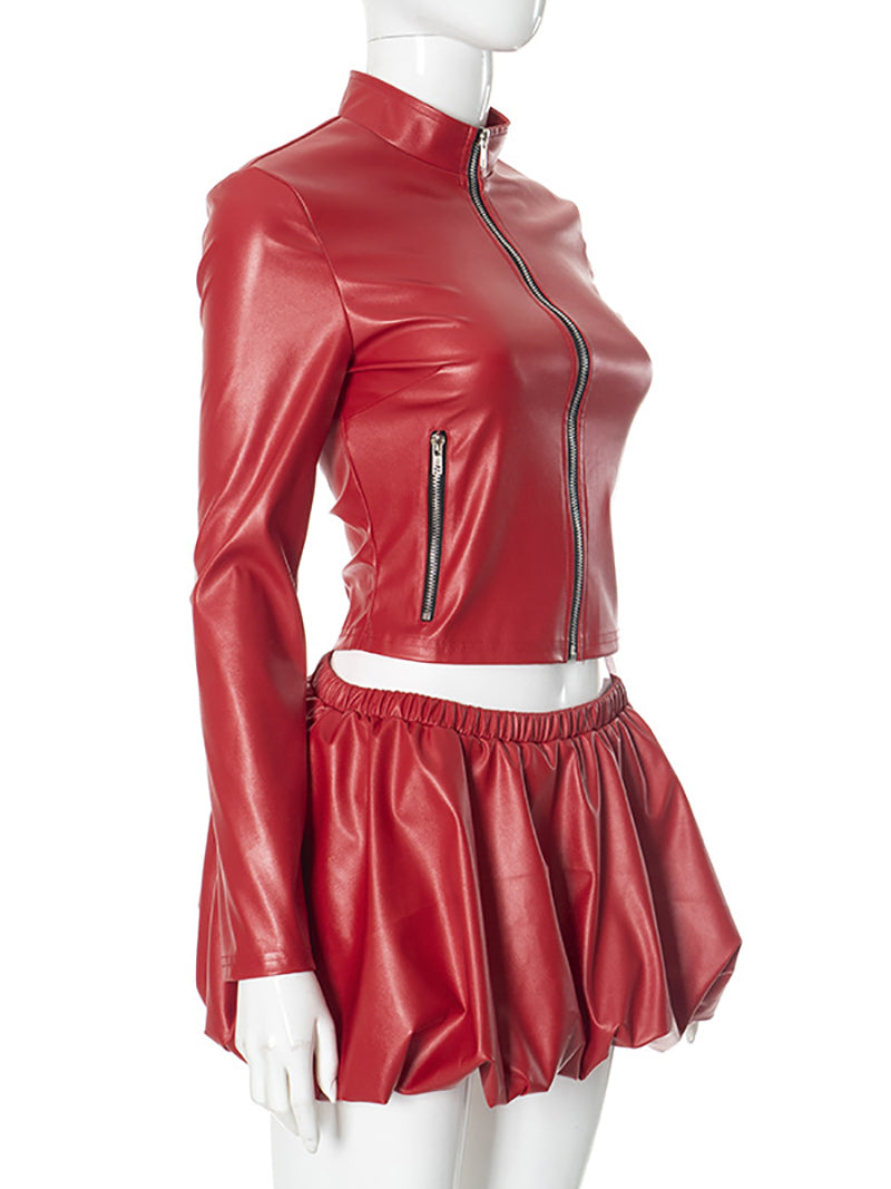 PU Leather Zipped Jacket Mini Skirt Sets