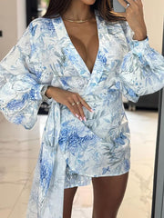 Fashion V Neck Print Irregular Bandage Cardigan Dress
