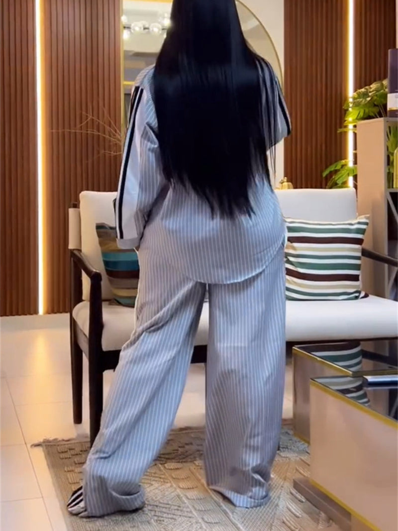 Fashion Lapel Stripe Shirt Wide Leg Pants Two Piece Set