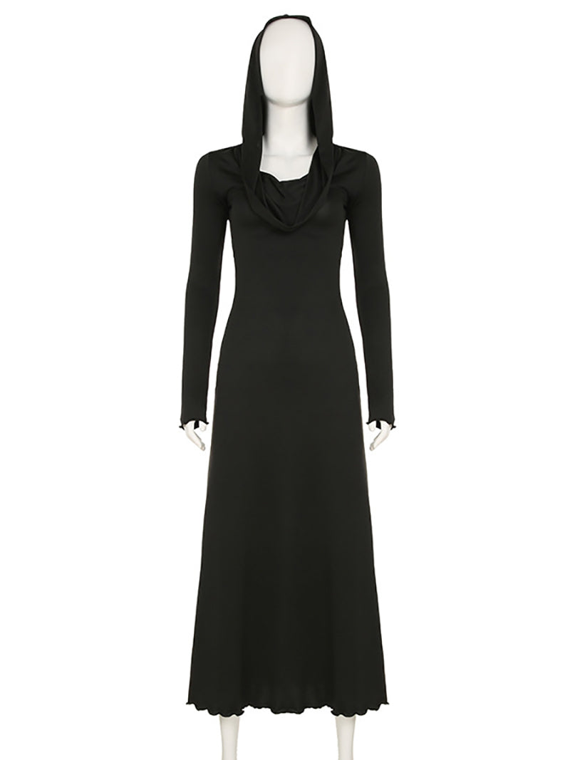 Fashion Swinging Collar Hooded Sleeve Maxi Dress