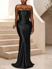 Strapless Rhinestone Bodice Draped Maxi Dress