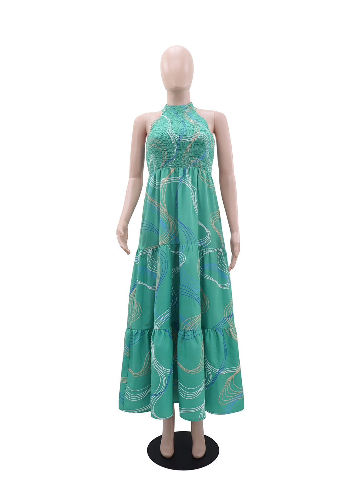 Elegant Print Halter Sleeveless Ruffle Hem Maxi Dress