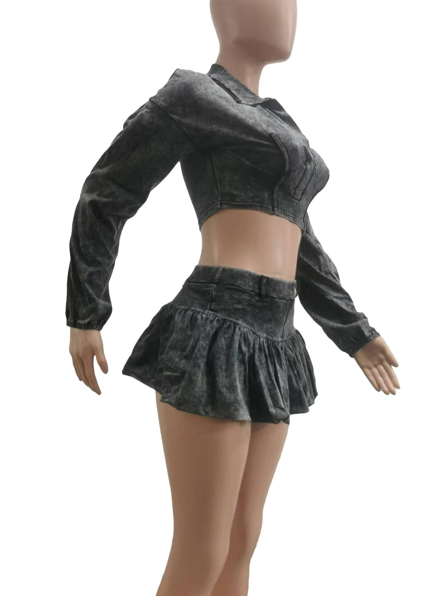 Fashion V-Neck Crop Top Skirt Two-Piece Set
