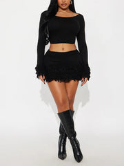 Casual Knit Crop Sweater Fringe Mini Skirt Sets