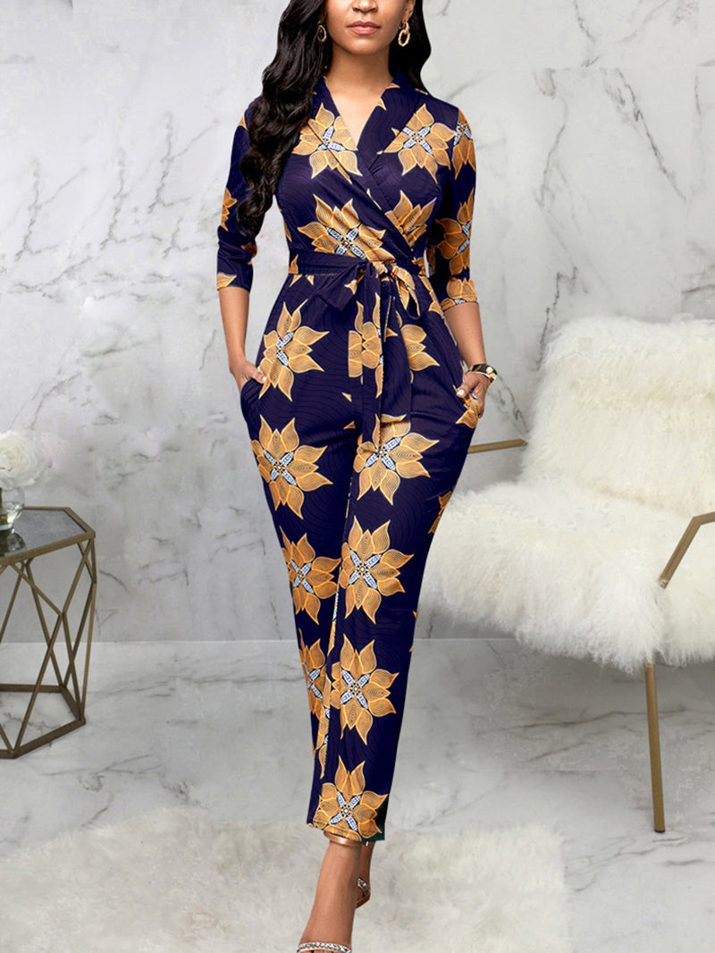 Casual V Neck Print Slim Fit Jumpsuit