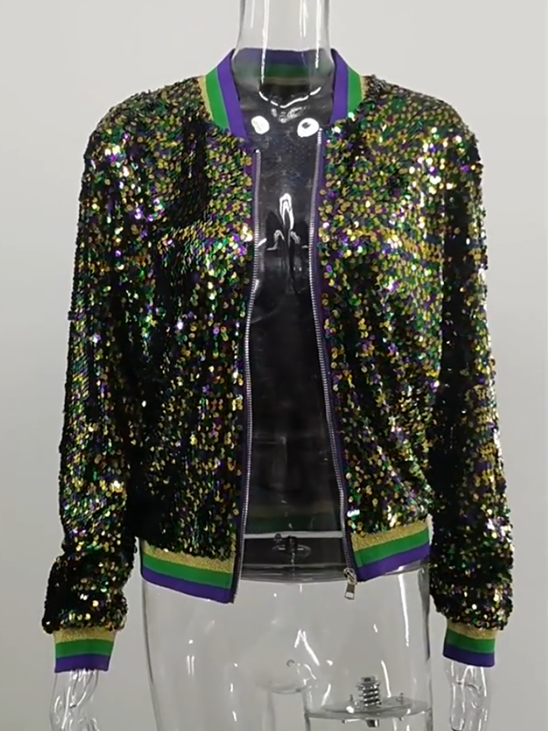 Casual Cropped Sequin Baseball Jacket
