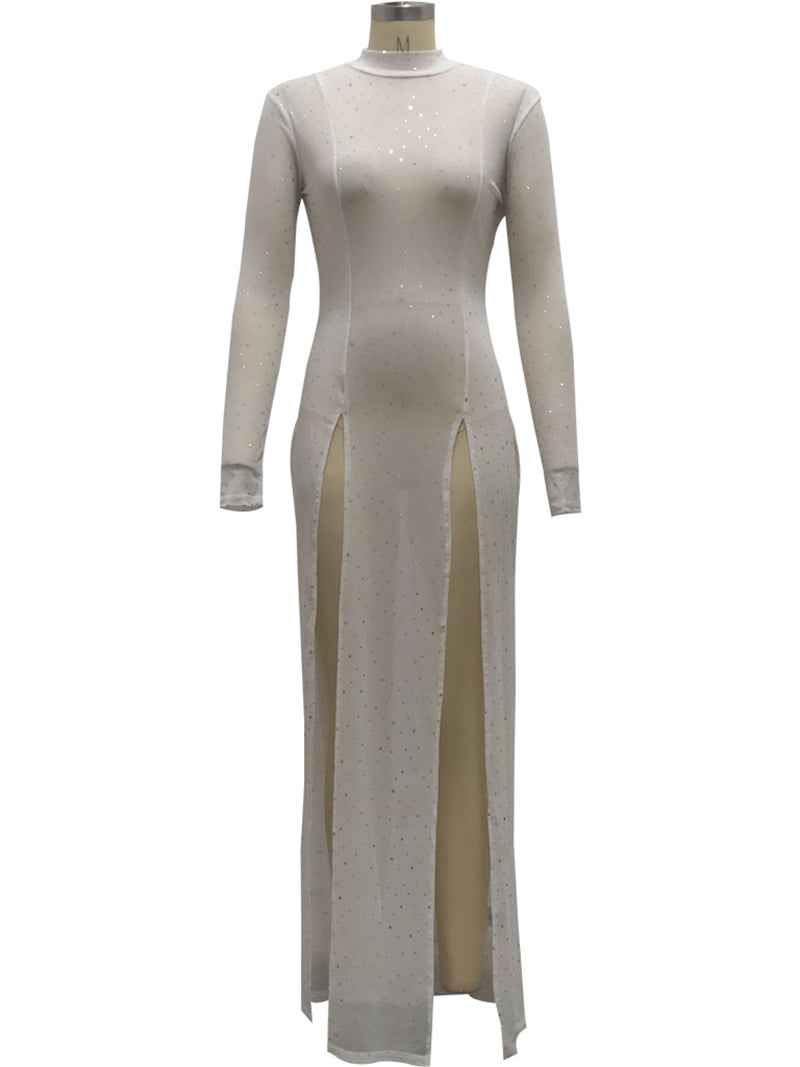 Sexy Sheer Mesh Rhinestone Maxi Slit Dress