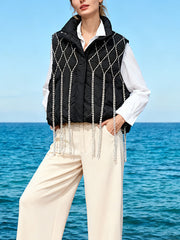 Elegant Crystal-Embellished Fringe Puffer Vest