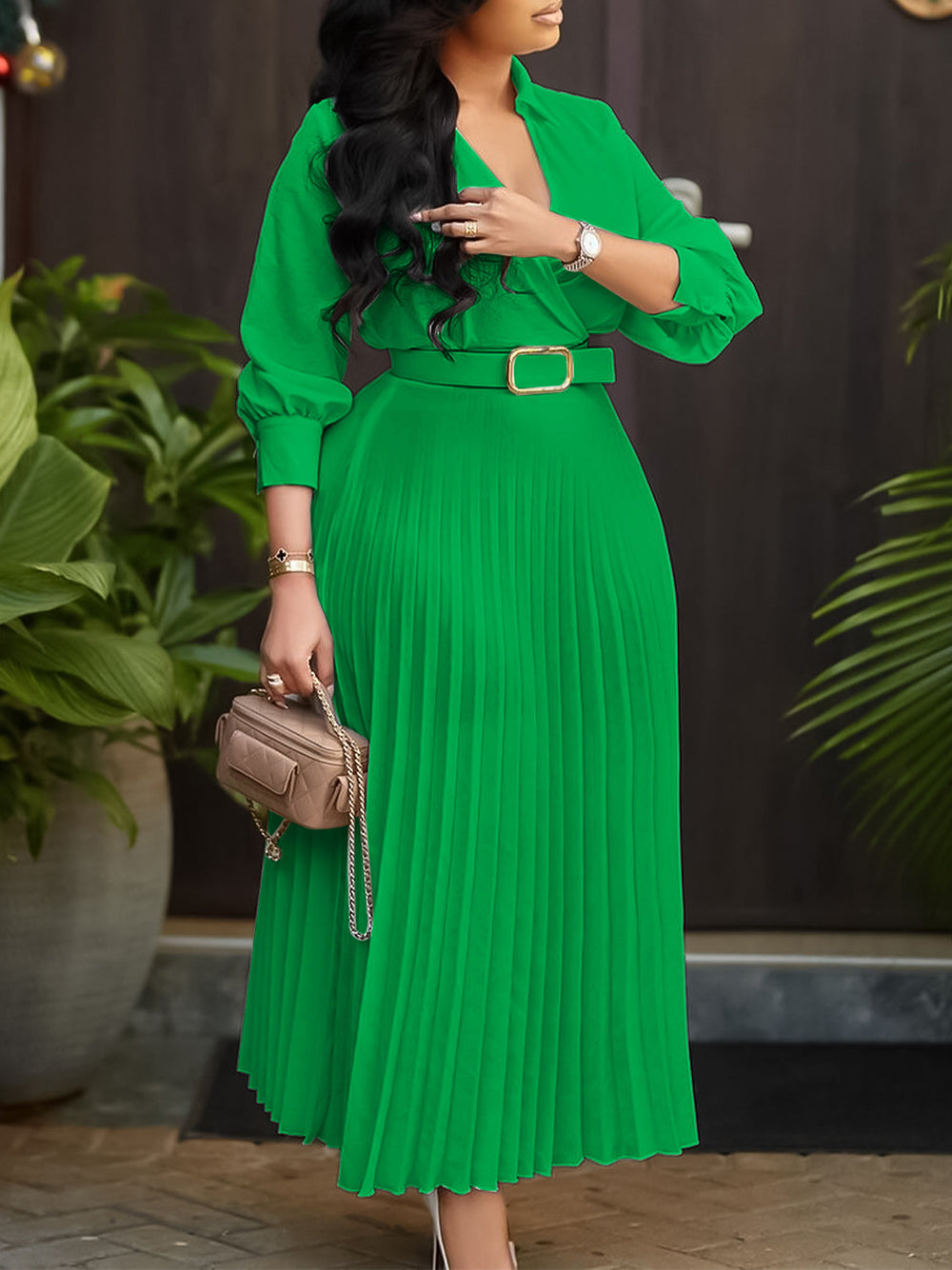 Elegant V-neck High Waist Pleated Dress