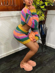 Color Block Stripe Knit Crop Sweater And Skirt Club Set