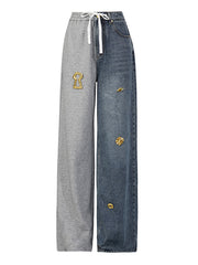 Casual Denim Patchwork Straight Trousers
