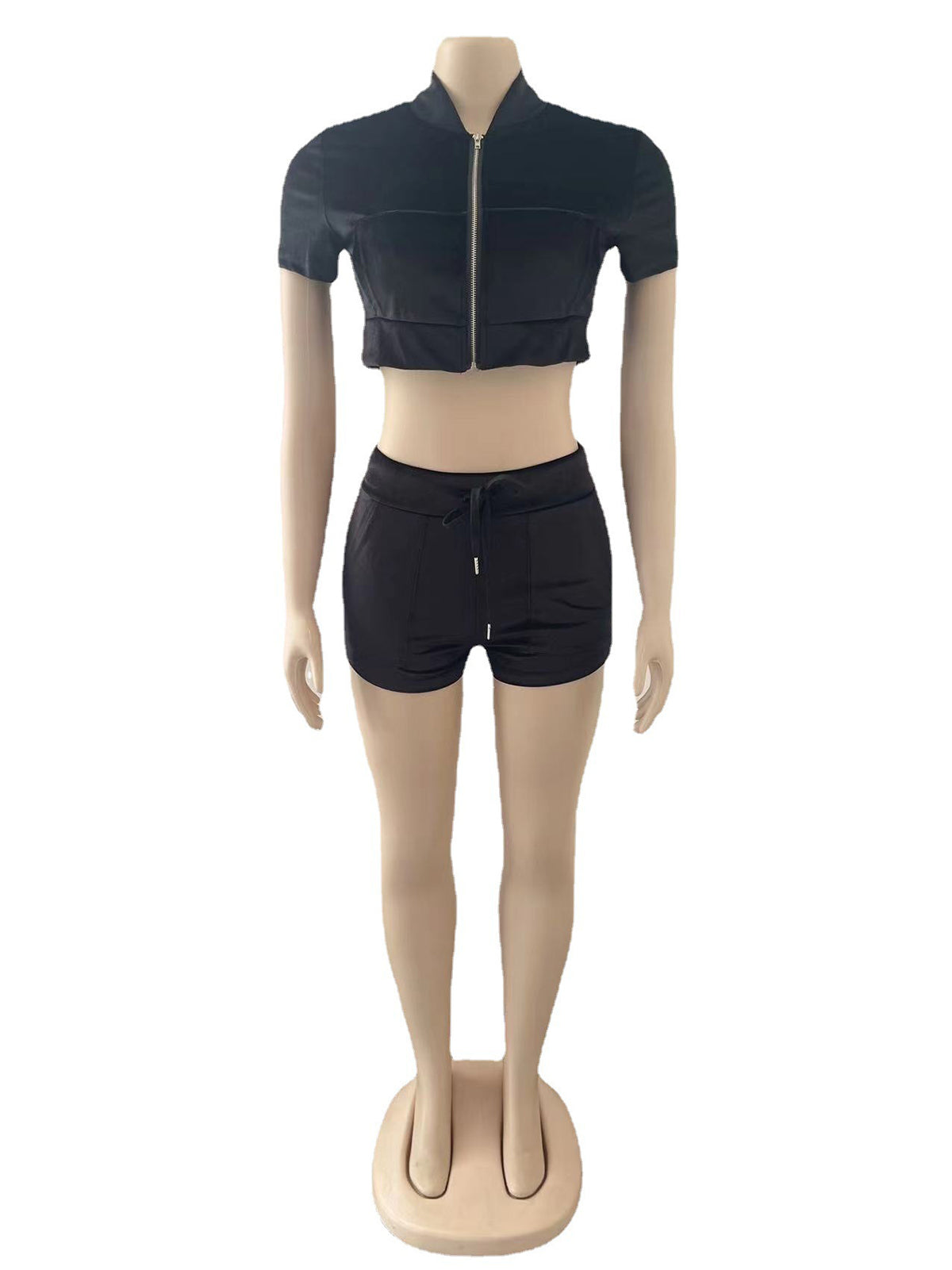 Velvet Zip-up Crop Top Shorts Jogging Two Piece Set