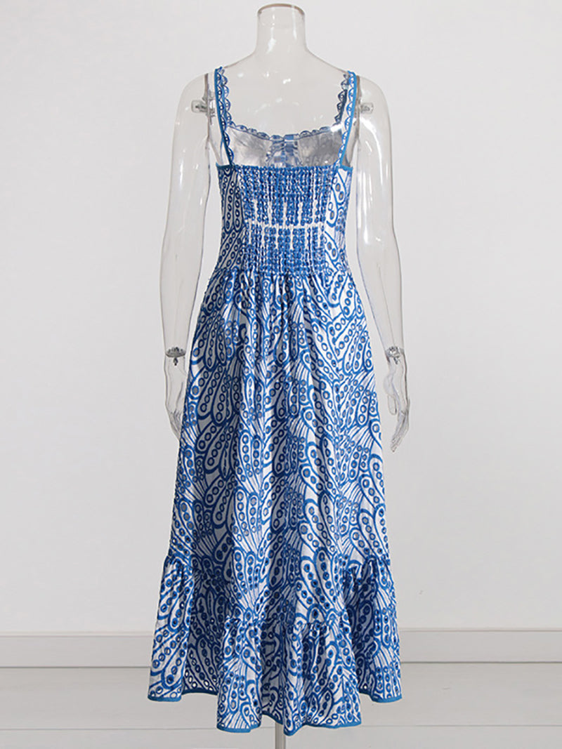 Elegant Embroidered High Waist Slip Midi Dress