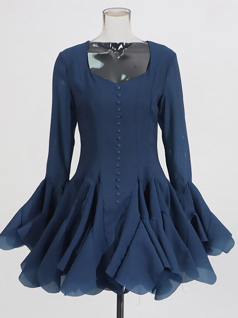 Elegant Mesh Flare Sleeve Ruffle Mini Dress