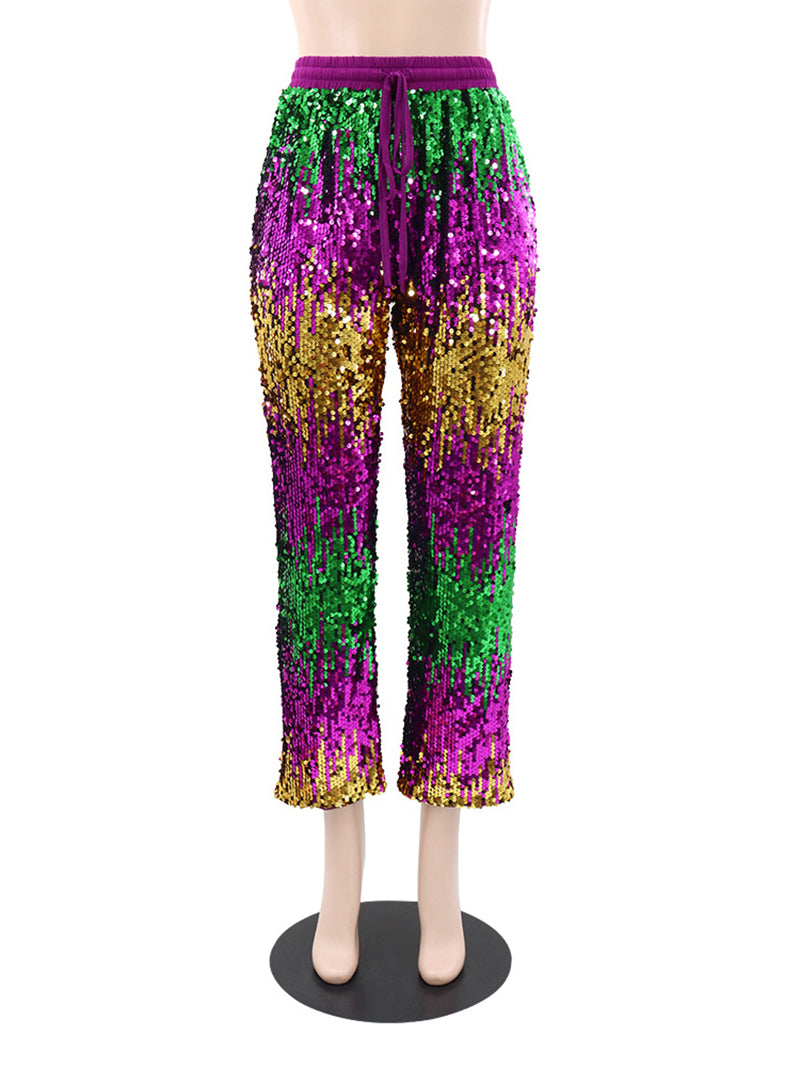Casual Glitter Bling Sequins Drawstring Waist Pants