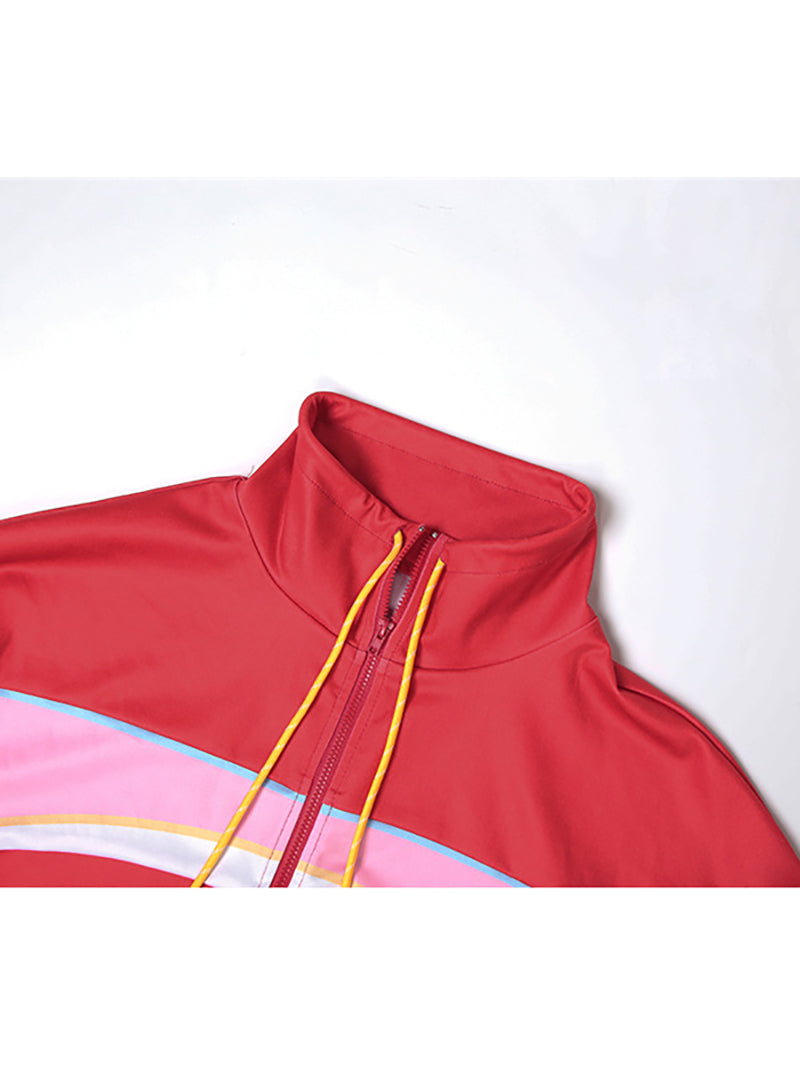 Long Sleeve Color Block Sport Jacket Shorts 2 Piece Set