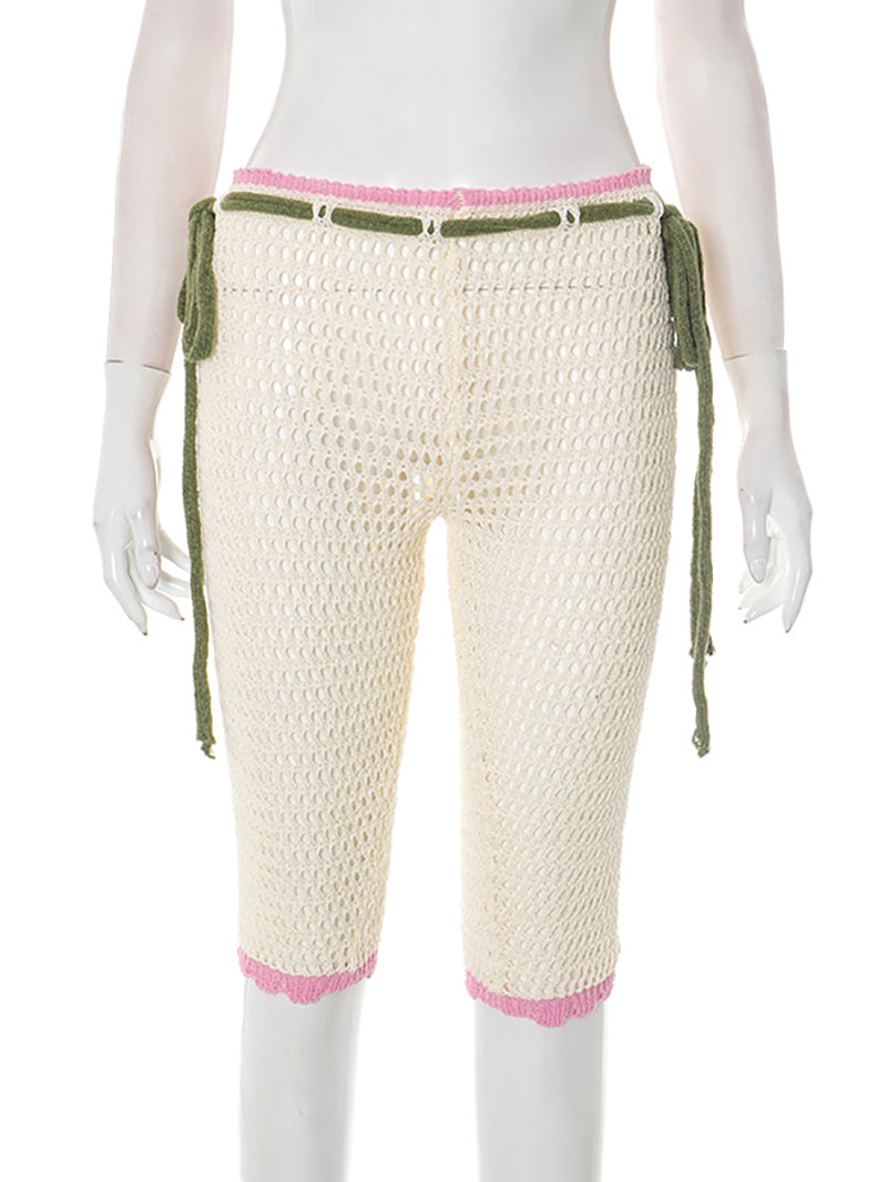 Fashion Hollow out Knit Drawstring Capri Pants