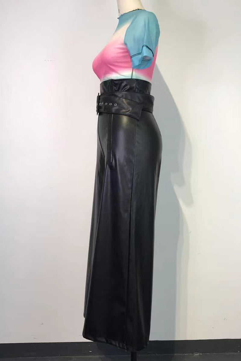 PU Leather Zipper Wide Leg Pants