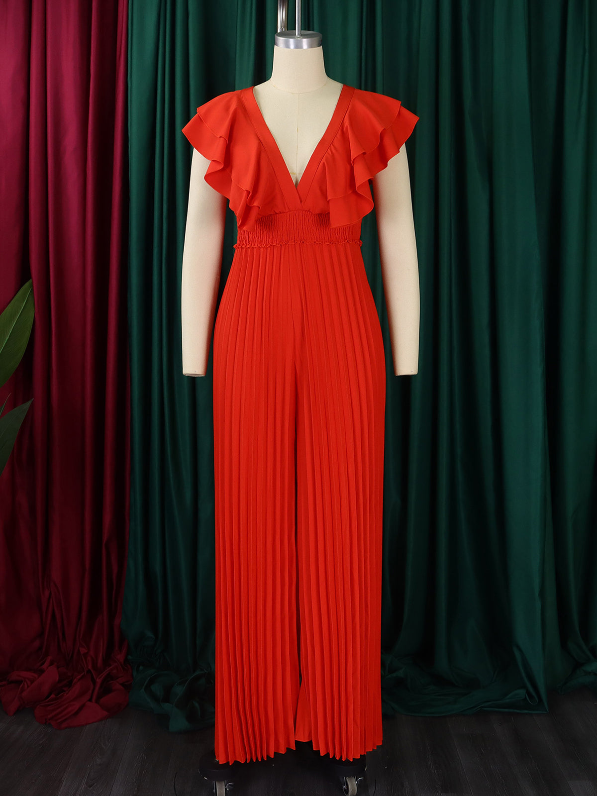 Elegant V Neck Ruffle Pleated Wide Leg Jumpsuit