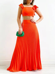 Ruffle Top and Pleated Skirt Two Piece Set