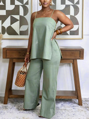 Casual Suspender Slit Top And Straight Pants Set