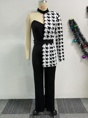 Fashion Houndtooth One Shoulder Jumpsuit Set