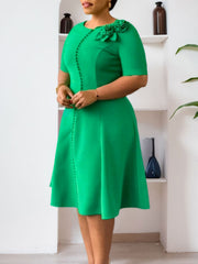 Elegant Round Neck Cinched Waist Midi Dress