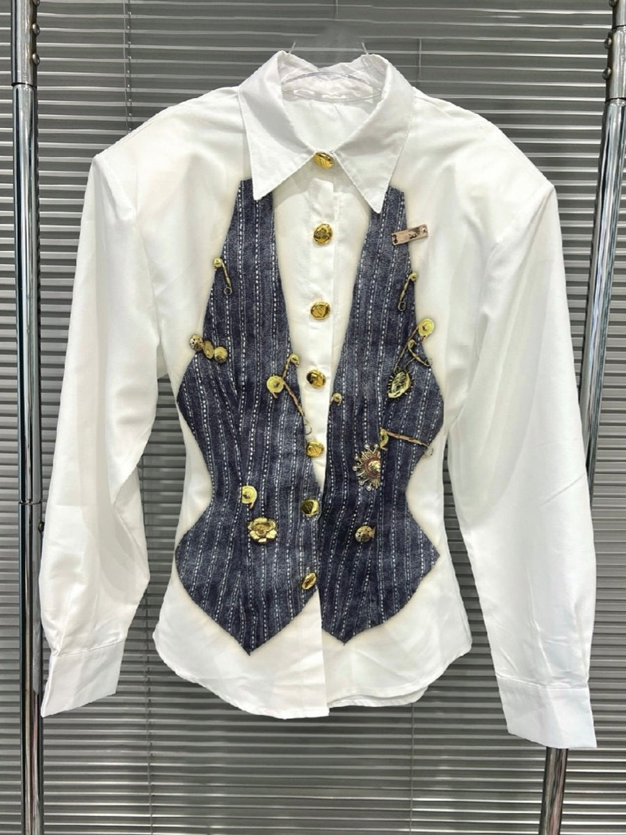 Casual Striped Safety Pin Slim Blouse