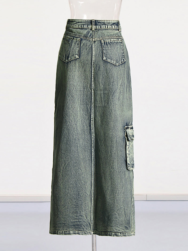 Casual High Waist Retro Denim Split Skirts