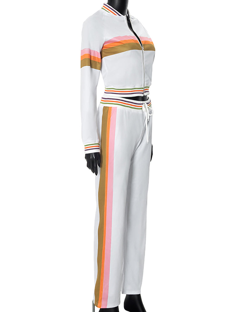 Colorblock Striped Zipper Cropped Pant Sets