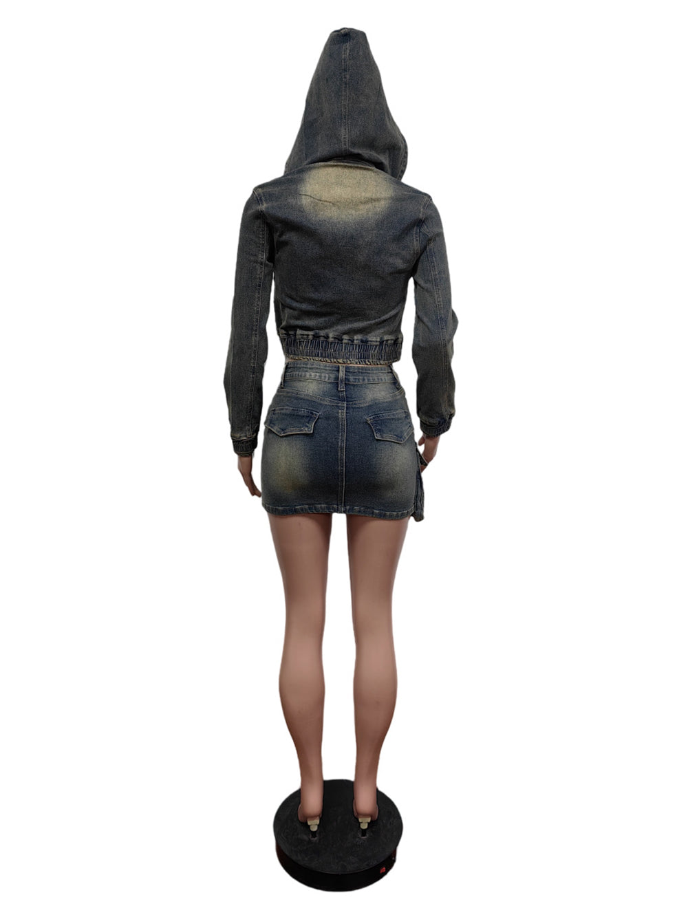 Multi Pocket Denim Hoodie Cargo Skirt Sets