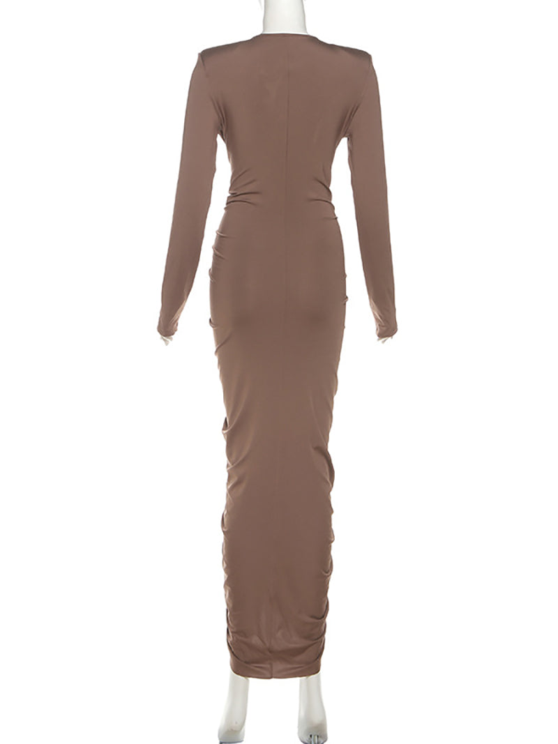 Sexy Deep V Neck Bodycon Ruffle Pleated Maxi Dress