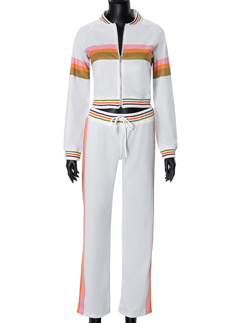 Colorblock Striped Zipper Cropped Pant Sets