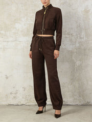 Fashion Stand Collar Zip Up Top Pant Two Piece Set