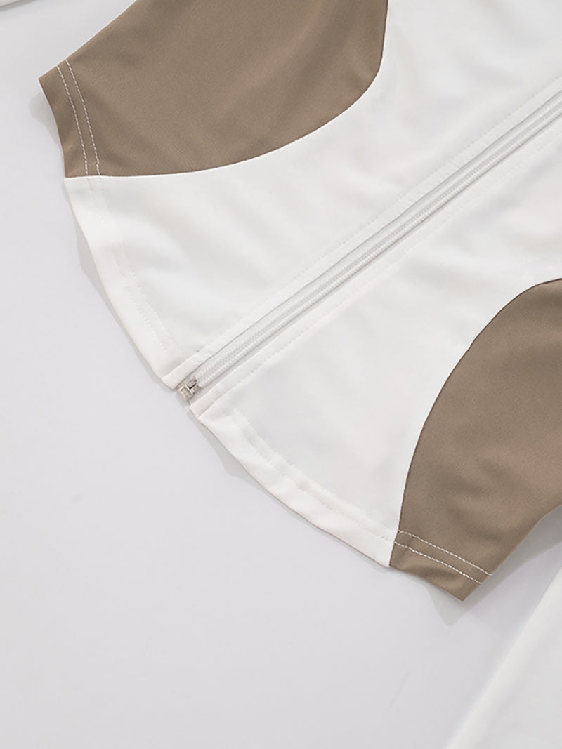 Stand Collar Contrast Color Slim Top Skinny Shorts Sets