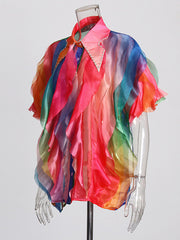 Lapel Patchwork Ruffle Trim Shirts