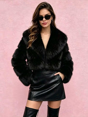 Wide Collar Paneled Faux Fur Cropped Jacket